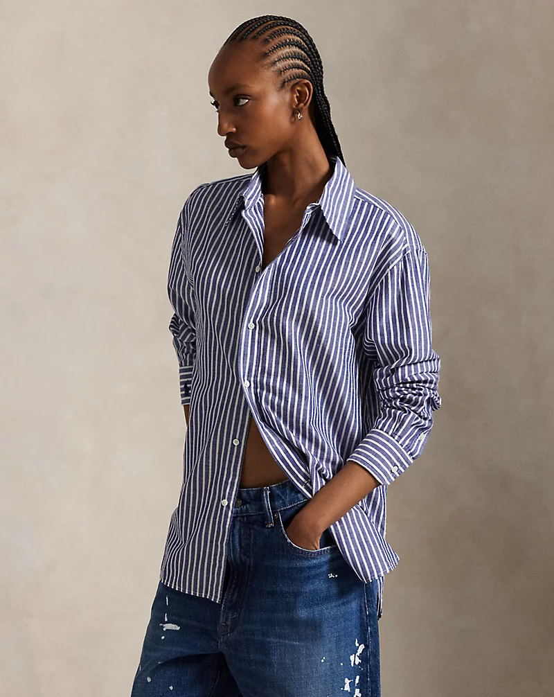 Oversize Fit Striped Cotton Linen Shirt