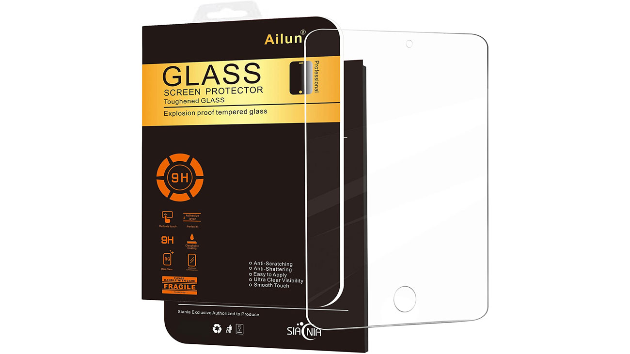 Pakkaus ja tuotekuva yhdestä parhaista iPad-näytönsuojasta: Ailun Screen Protector