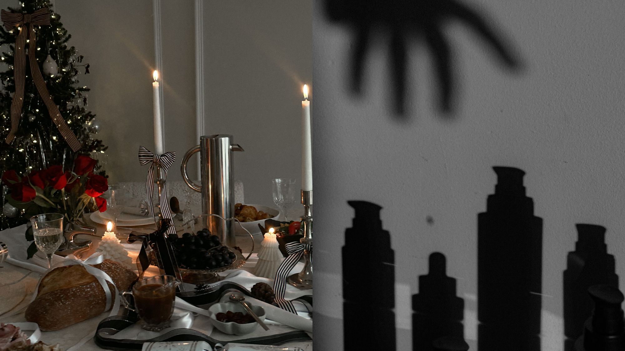 A split image of a holiday tablescape and shadows of skincare bottles cast on the wall.