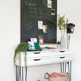 blackboard on wall in white hallway