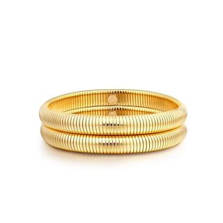 Gold Bangle Filled Bracelets for Women Stretchy Stainless Steel Link Chain Flexible Water Proof Bracelets (8mm Wide, 7.0 Inches Long)