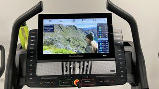 Image shows the NordicTrack Commercial 2950 treadmill display showing a hiking workout.