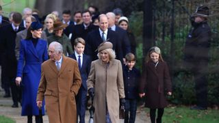 Catherine, Princess of Wales, King Charles III, Prince George, Queen Camilla, Prince William, Prince of Wales, Prince Louis, Mia Tindall and more royals attend the Christmas Morning Service on December 25, 2023