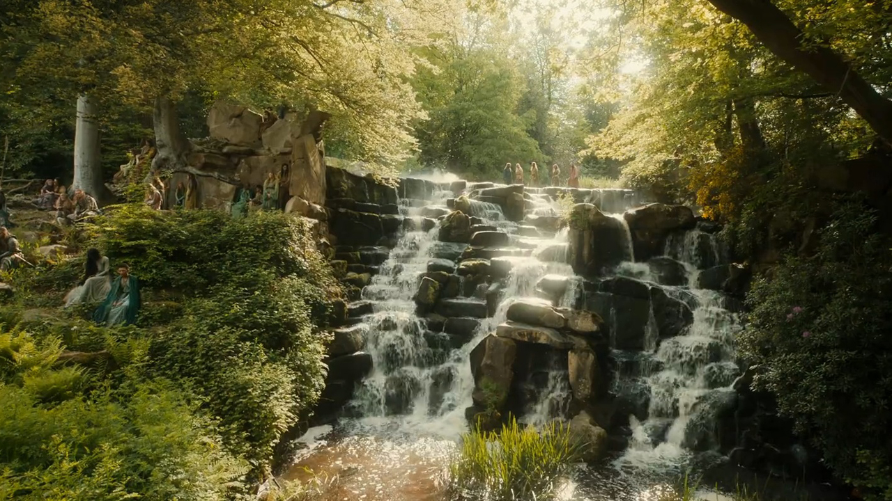 A screenshot of the elven sanctuary in The Rings of Power season 2 episode 8