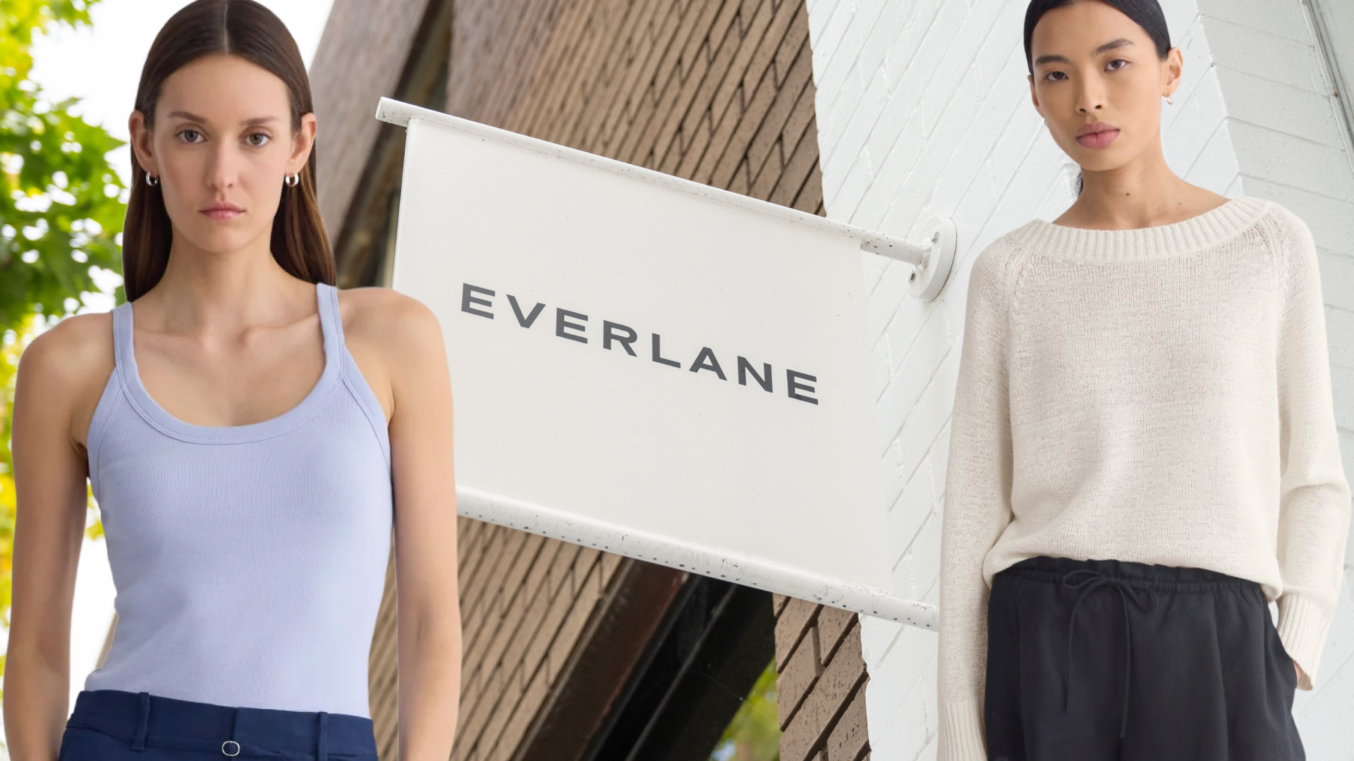 models wearing everlane clothes in front of an everlane store banner