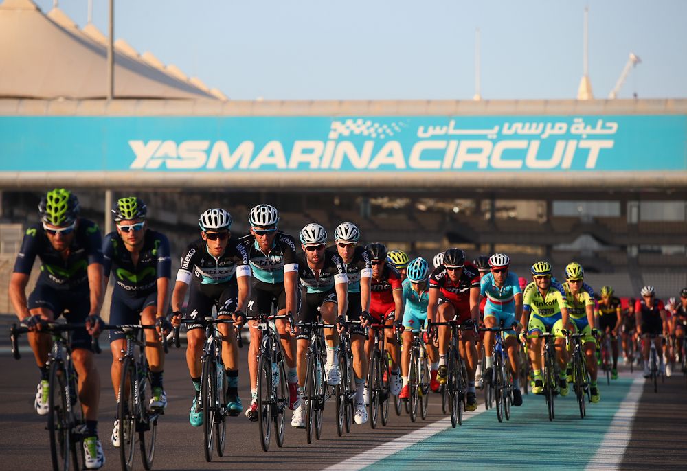 The peloton in action at the Yas Marina Formula One course in Abu Dhabi.