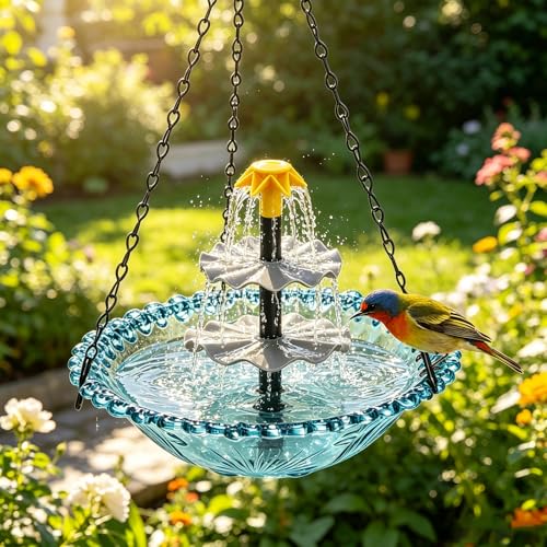 Solar Hanging Bird Bath Fountain - Upgraded 3-Tier Hanging Birdbath, Bird Baths for Garden Patio Yard Decor, Blue Outdoor Humming Birds Cascade Baths Fountains