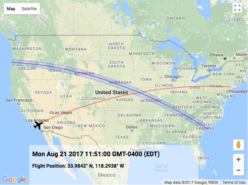 This animation shows our flight alongside that of the moving eclipse, rendered with correction the for the curvature of the path. The eclipse first appears at 4 seconds.