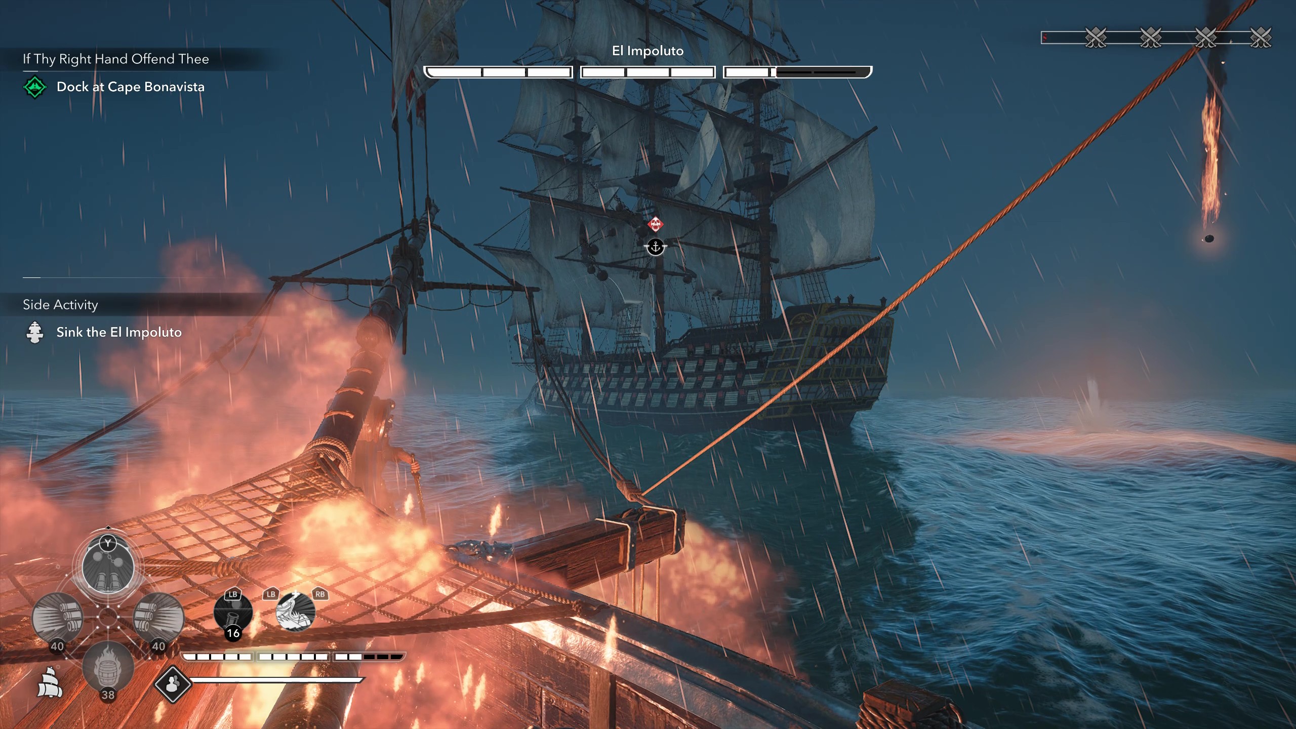 Gameplay of naval combat, with the player aiming front cannons at El Impoluto.