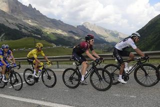 Egan Bernal and Geraint Thomas (Team Ineos) with Julian Alaphilippe (Deceuninck-QuickStep) following behind on stage 18
