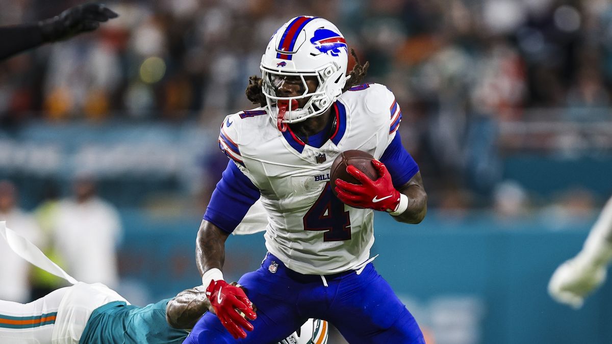 James Cook #4 of the Buffalo Bills runs the ball ahead of Buffalo Bills vs Jacksonville Jaguars live stream