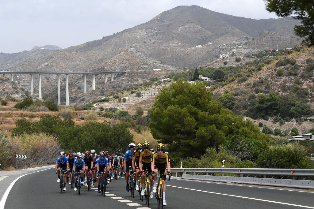 RINCON DE LA VICTORIA SPAIN AUGUST 24 A general view of the peloton during the 76th Tour of Spain 2021 Stage 10 a 189km stage from Roquetas de Mar to Rincn de la Victoria lavuelta LaVuelta21 on August 24 2021 in Rincon De La Victoria Spain Photo by Tim de WaeleGetty Images