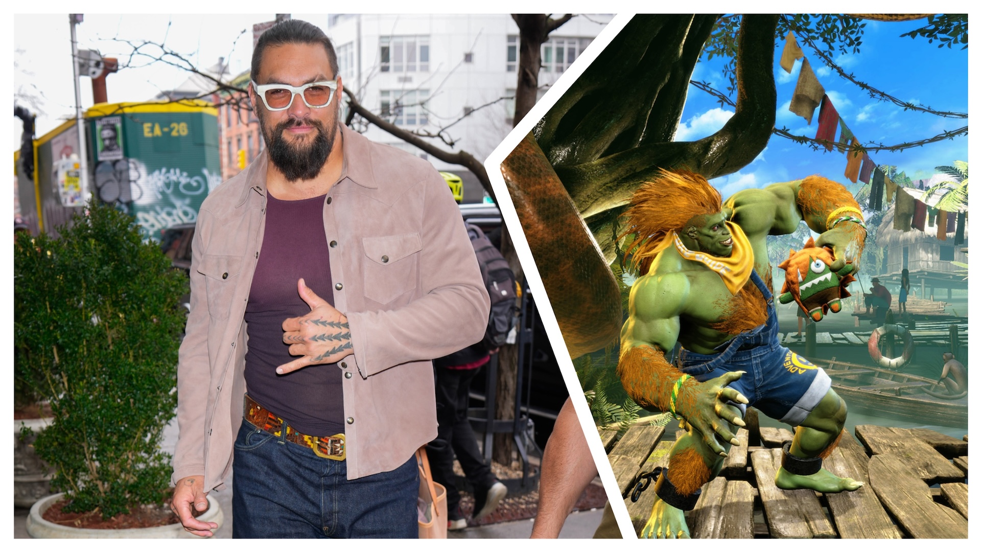 Jason Momoa on the left walking and on the right Blanka from Street Fighter