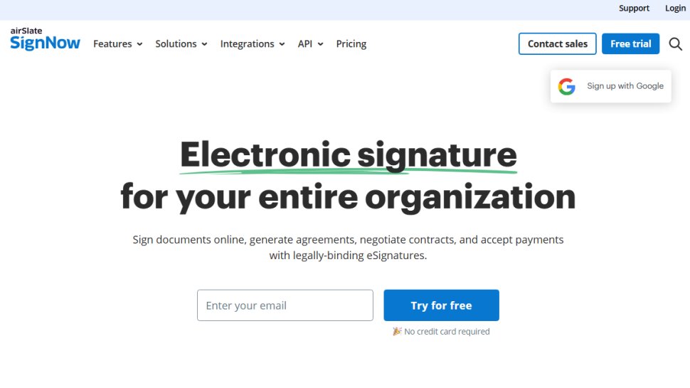 Website screenshot of signNow (October, 2025)