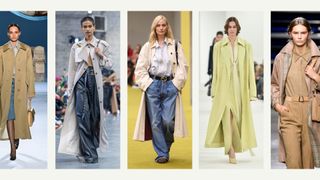 A composite of models on the runway showing coat trends 2023 trench coats