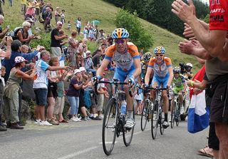 Christian Vande Velde paces Garmin-Slipstream teammate Bradley Wiggins up the Col de la Colombière.