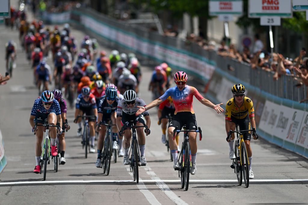 OLBIA ITALY JULY 09 Chiara Consonni of Italy and UAE Team ADQ celebrates at finish line as stage winner ahead of LR Chloe Dygert of The United States and Team CanyonSRAM Racing Ally Wollaston of New Zealand and Team AG Insurance Soudal QuickStep and Marianne Vos of The Netherlands and Team JumboVisma during the 34th Giro dItalia Donne 2023 Stage 9 a 12685km stage from Sassari to Olbia UCIWWT on July 09 2023 in Olbia Italy Photo by Dario BelingheriGetty Images