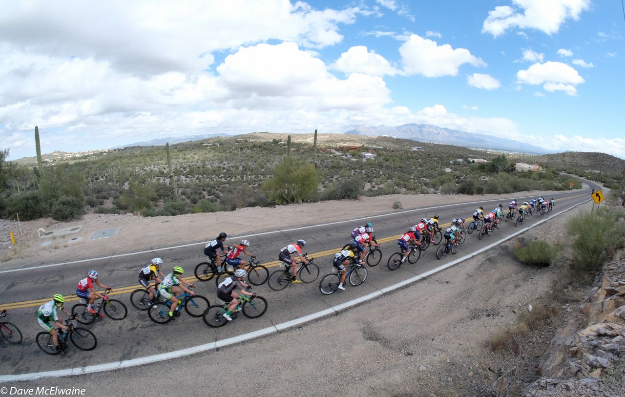 The Pro Women on a long descent towards the end of a lap