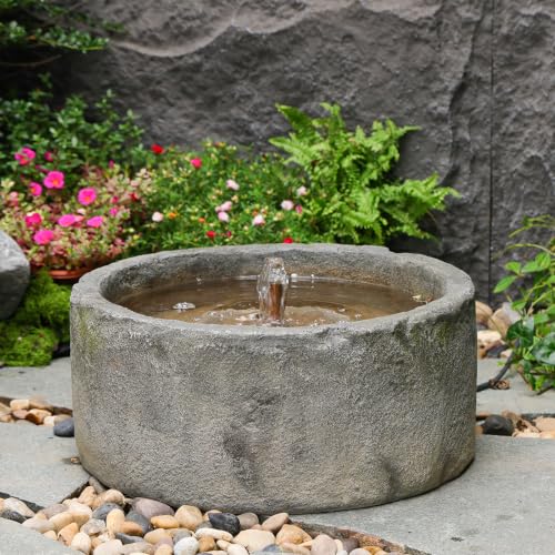 Tankana Faux Basin Fountain Outdoor, Bubbler Water Feature Indoor With Solid Copper Tubing &amp;amp; Hidden Pump, Unlit Farmhouse Patio Garden Yard Meditation Fountain Decor Wide Round, Gray
