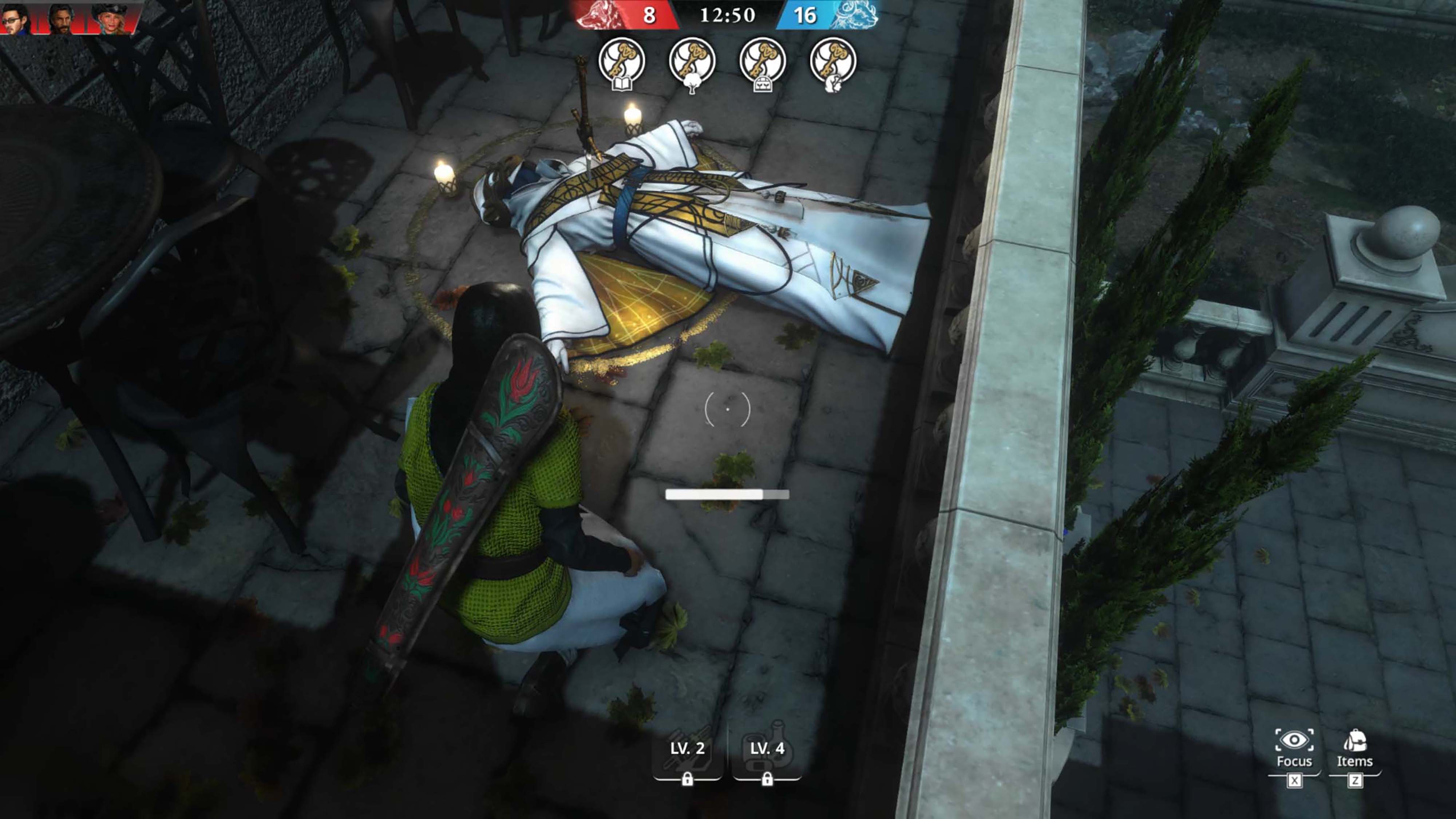 A screenshot from Killer Inn depicting a wolf knealing over a Sacrifice.