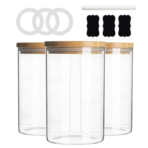 Price Beater Glass Storage Jars With Bamboo Lids 900 Ml Set of 3, Airtight High Borosilicate Food Canisters for Kitchen, Clear Containers for Cereal, Pasta, Coffee, Tea, Sugar, Dishwasher Safe