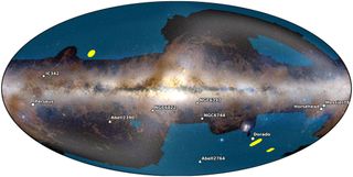 A map of the sky showing Euclid's first 10 targets, scattered across the vastness of space