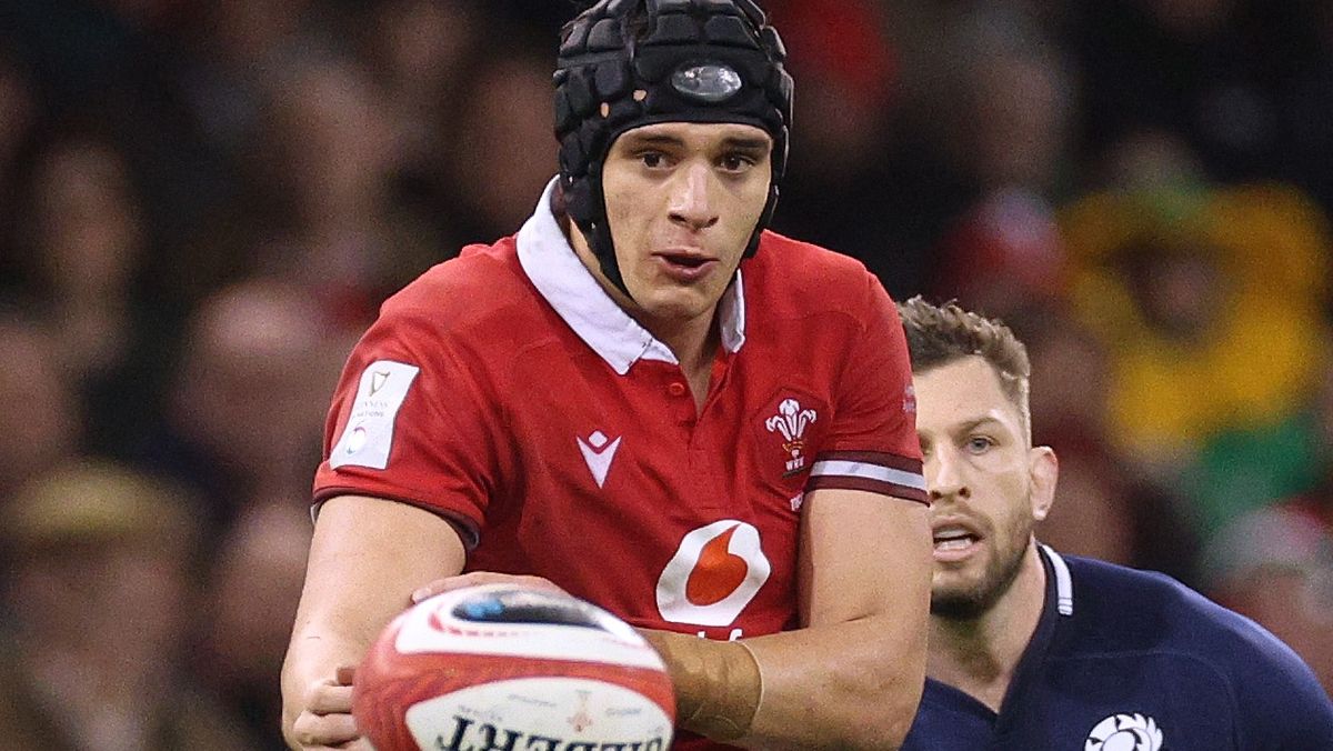  Dafydd Jenkins, Captain of Wales passes the ball ahead of the Six Nations 2024 Ireland vs Wales round 3 match