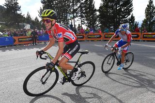 Simon Yates leads Thibaut Pinot up Coll de la Rabassa durng stage 19 at the Vuelta