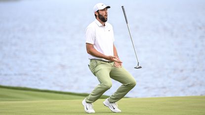 Scottie Scheffler reacts to a missed putt on the 72nd hole at last year's The Players Championship