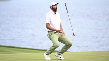 Scottie Scheffler reacts to a missed putt on the 72nd hole at last year's The Players Championship