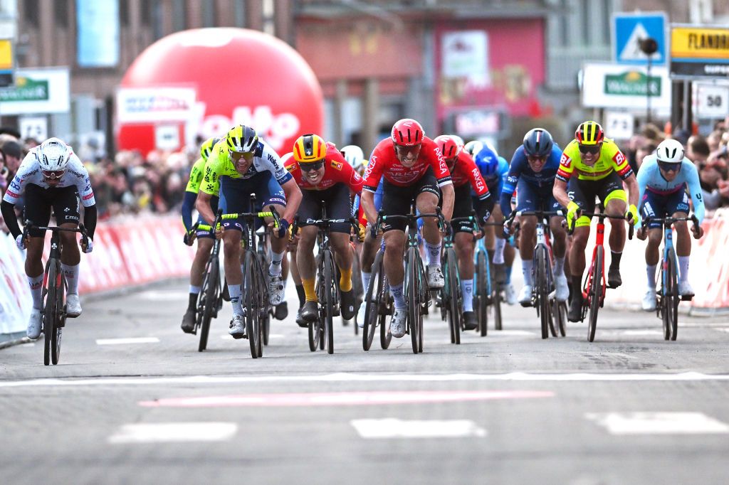 DOUR BELGIUM FEBRUARY 27 LR Antonio Morgado of Portugal and Team UAE Team Emirates race winner Laurenz Rex of Belgium and Team Intermarche Wanty Rasmus Tiller of Norway and Team UnoX Mobility and Jenthe Biermans of Belgium and Team Arkea BB Hotels sprint at finish line during the 56th Le Samyn 2024 a 2043km one day race from Quaregnon to Dour on February 27 2024 in Dour Belgium Photo by Luc ClaessenGetty Images