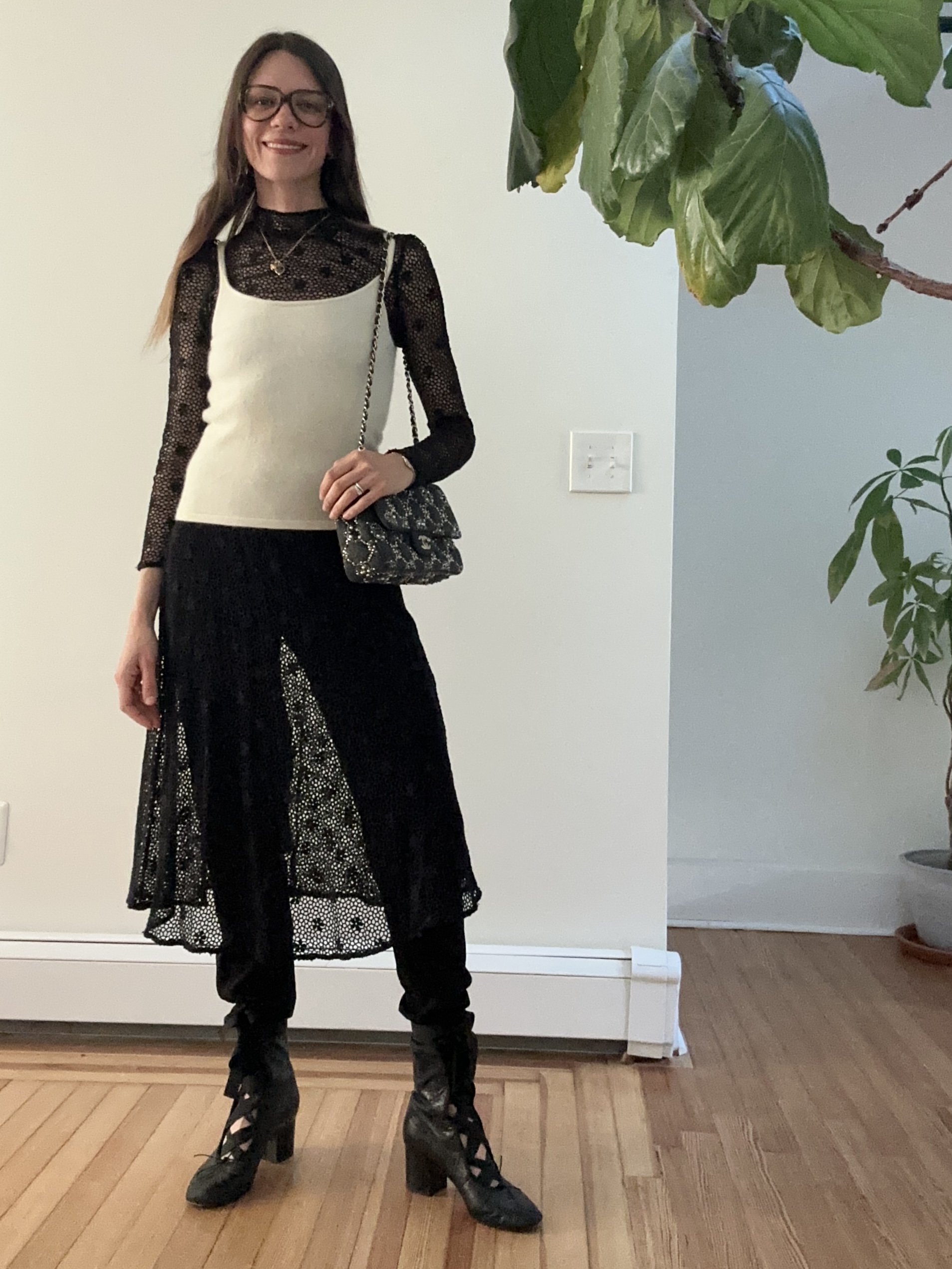 Julia Gall wearing a dress over pants