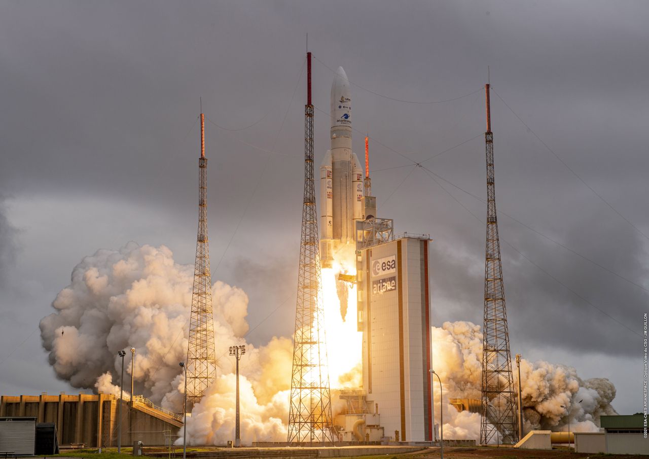 The European Ariane 5 rocket with the James Webb Space Telescope aboard lifts off at the European spaceport in Kourou, French Guiana.
