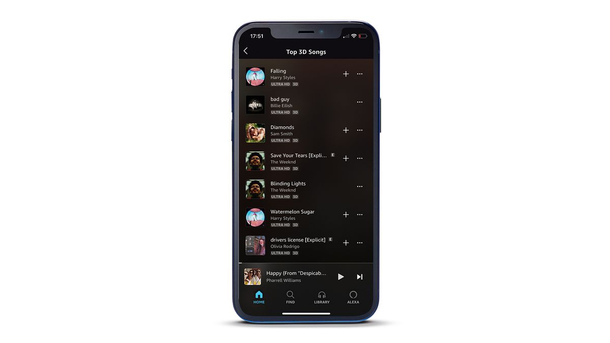 A phone on a white background running the Amazon Music Unlimited app