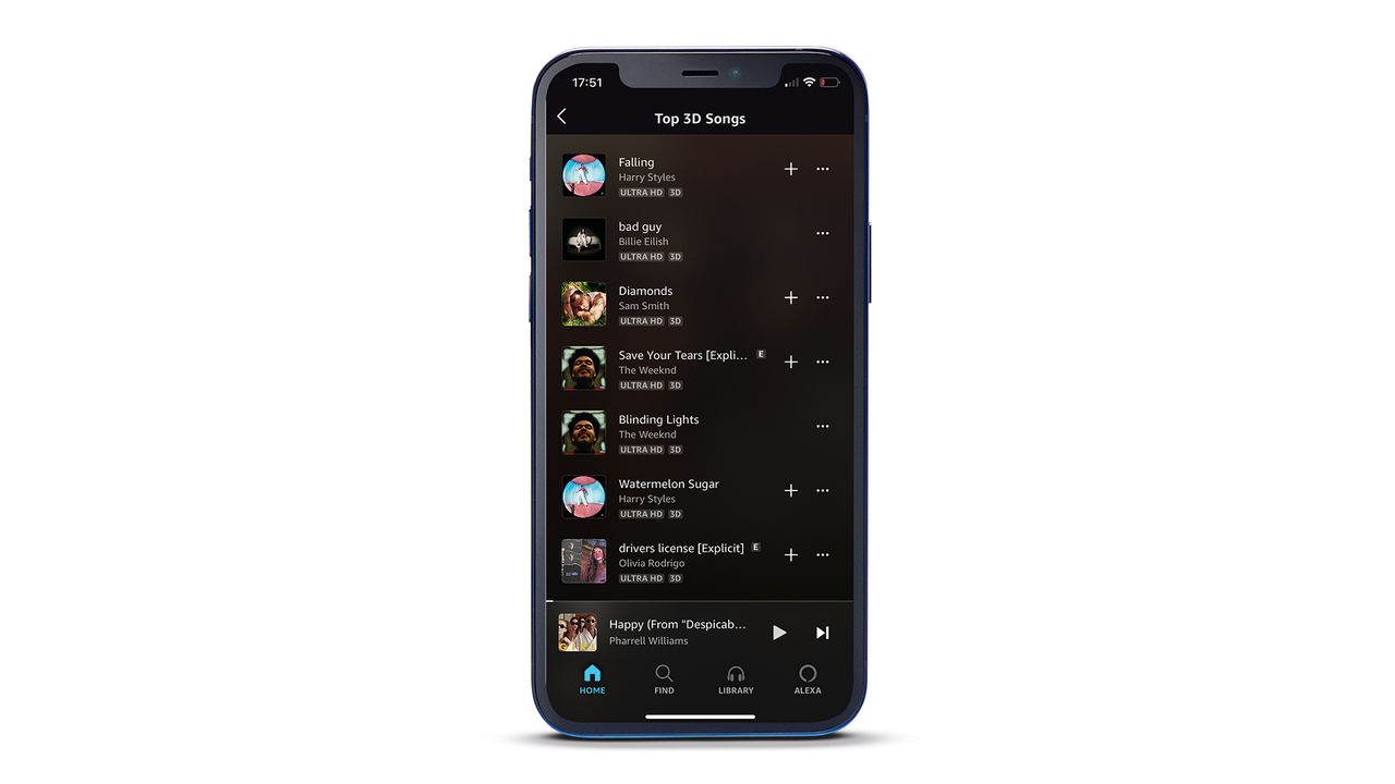 A phone on a white background running the Amazon Music Unlimited app