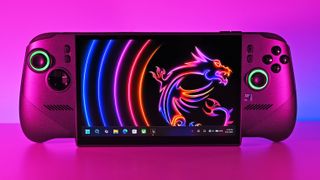 Front shot of the MSI Claw 8 EX AI+ under vibrant pink lighting, displaying the Windows 11 taskbar and a neon dragon wallpaper on its large screen.