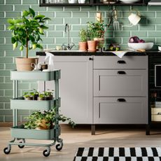 IKEA RASKOG trolley in light turqouise, in a green kitchen room with plants