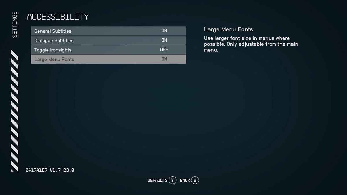 A screenshot showing Starfield accessibility options with Large Font Mode switched on