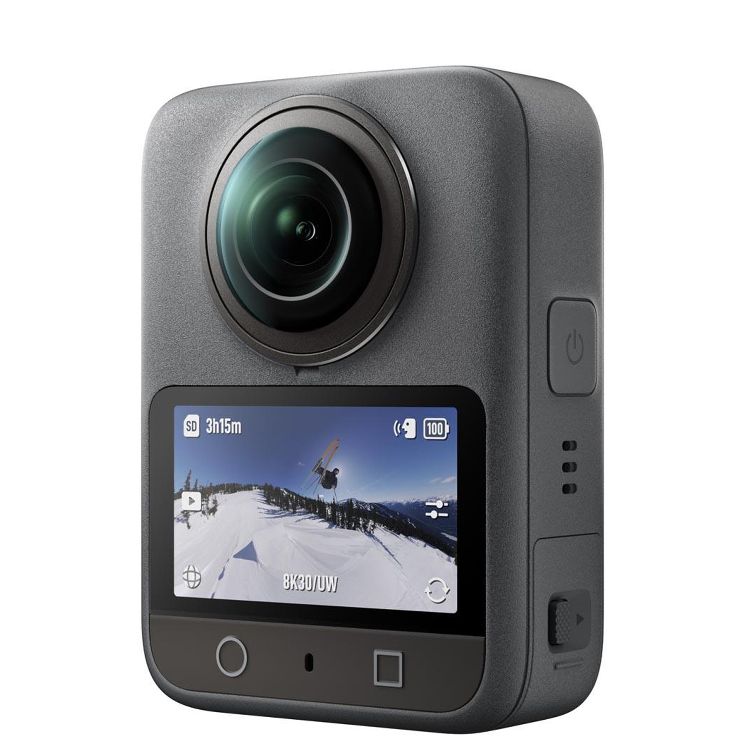 DJI Osmo 360 on a white background with person skiing seen on screen