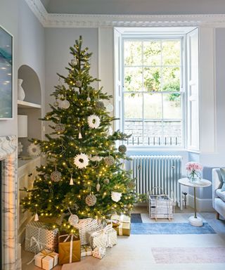 white living room with Christmas tree, sash windows, alcove and a neutral rug