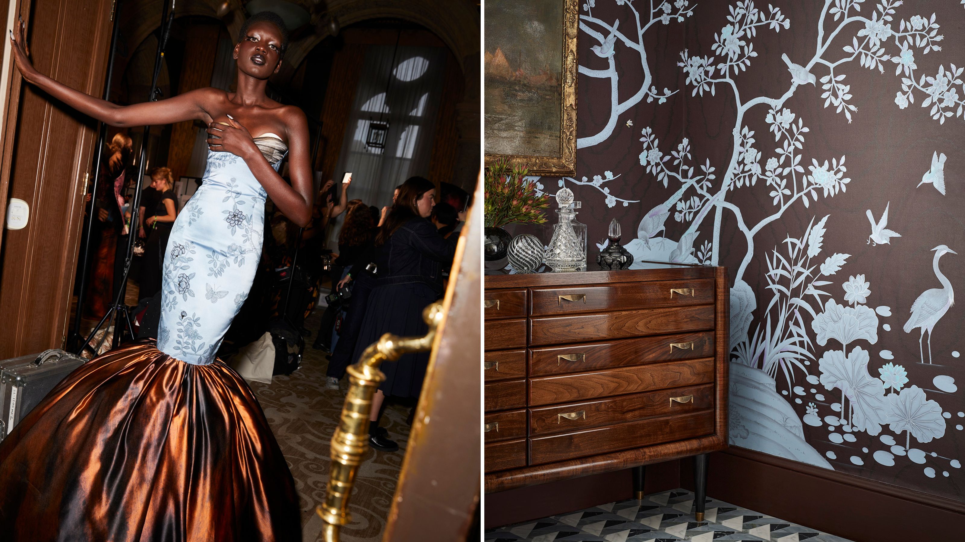 Side-by-side of a model wearing a blue-and-brown floral jacquard mermaid-tail strapless gown and an opulent interior corner that features those same colors and motifs in wallpaper