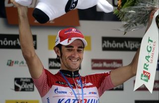 Daniel Moreno (Katusha) celebrates on the podium in the Dauphine