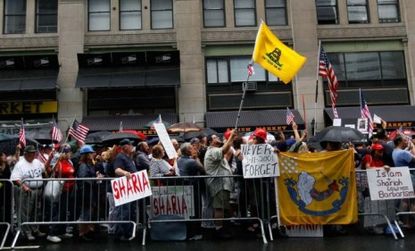 Opponents of an Islamic cultural center and mosque planned to be built near Ground Zero in lower Manhattan gather during a demonstration.