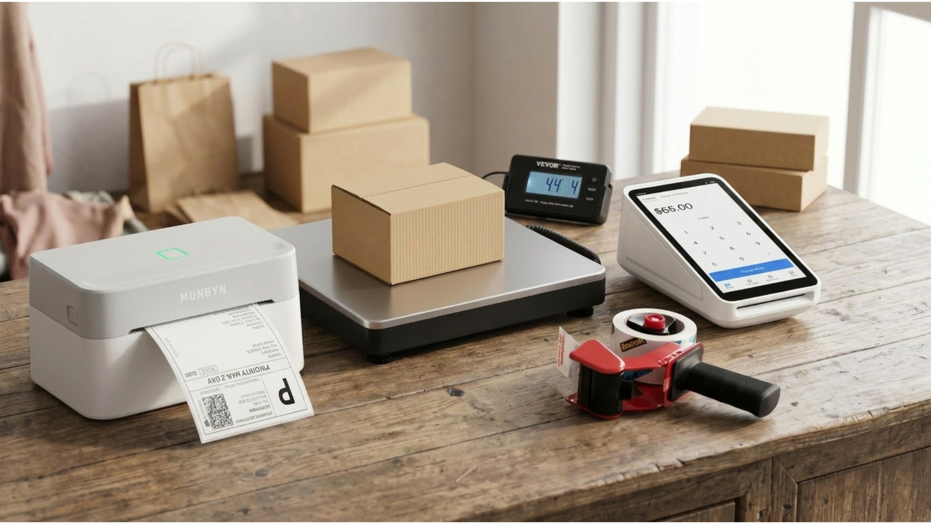 A Square Terminal and shipping accessories in a small studio with packing boxes in the background 