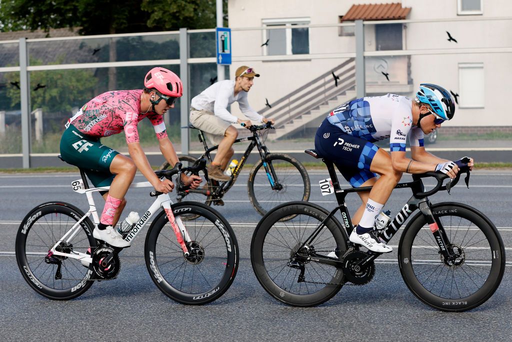 RZESZOW POLAND AUGUST 03 LR Sean Quinn of United States and Team EF Education Easypost and Mads Wrtz Schmidt of Denmark and Team Israel Premier Tech compete in the breakaway during the 79th Tour de Pologne 2022 Stage 5 a 1781km stage from Lancut to Rzeszow TdP22 WorldTour on August 03 2022 in Rzeszow Poland Photo by Bas CzerwinskiGetty Images
