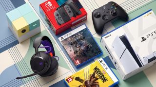 A collage featuring products in the Argos gaming sale, including a Nintendo Switch 2, PS5, JBL headset, Xbox controller, Nex Playground, Crimson Desert PS5 game, and Wolverine PS5 game.