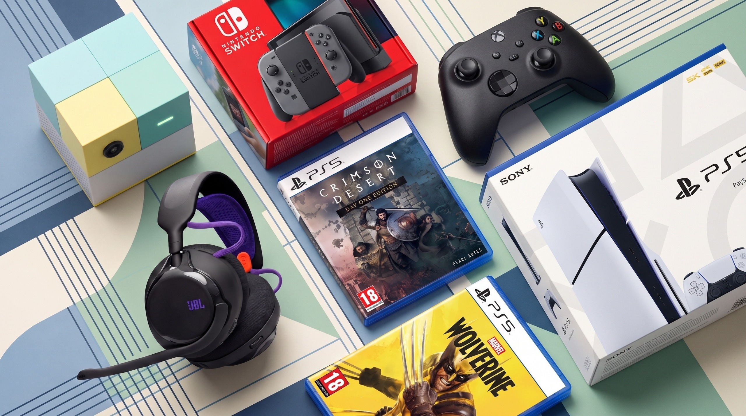 A collage featuring products in the Argos gaming sale, including a Nintendo Switch 2, PS5, JBL headset, Xbox controller, Nex Playground, Crimson Desert PS5 game, and Wolverine PS5 game.