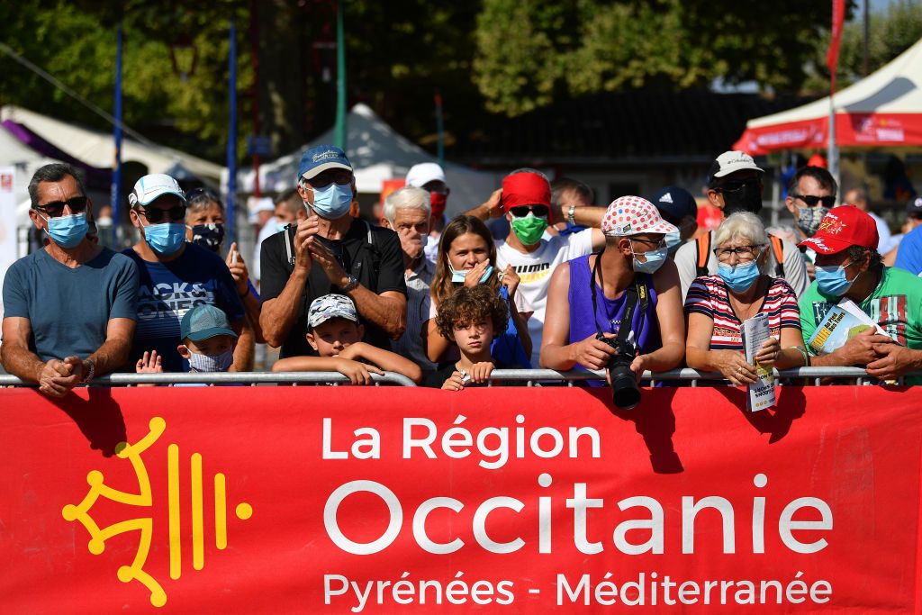 BEZIERS FRANCE AUGUST 01 Start Public Fans Covid Safe measures during the 44th La Route dOccitanie La Depeche du Midi 2020 Stage 1 a 187km stage from Saint Affrique to Cazouls ls Bziers RouteOccitanie RDO2020 on August 01 2020 in Beziers France Photo by Justin SetterfieldGetty Images