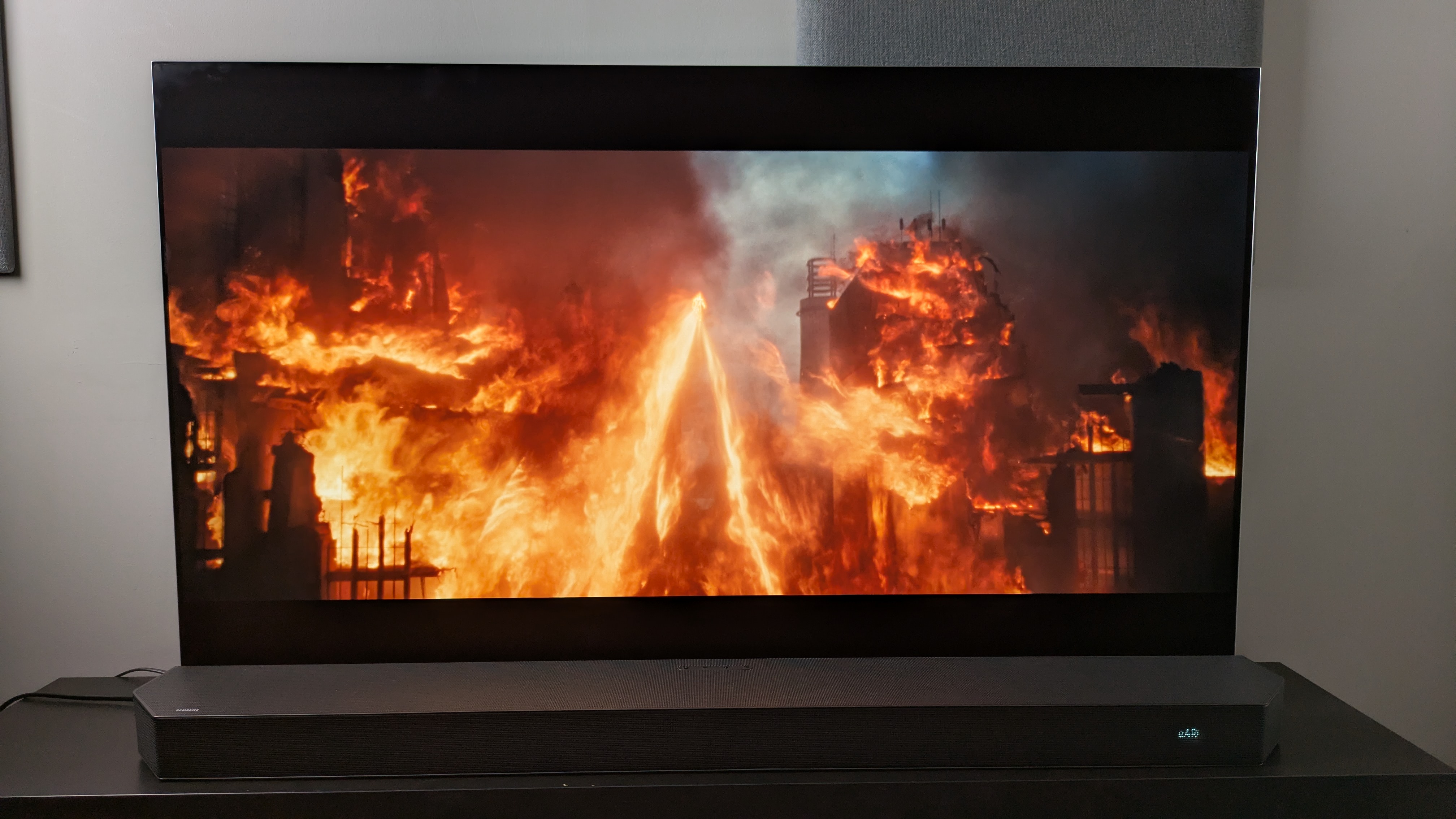 Shot of Human Torch above a fire from the The Fantastic Four: First Steps 4K Blu-ray on LG G5 screen