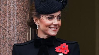 Catherine, Princess of Wales looks on from a balcony during the annual Service Of Remembrance at The Cenotaph on November 10, 2024 in London, England. Each year members of the British Royal Family join politicians, veterans and members of the public to remember those who have died in combat